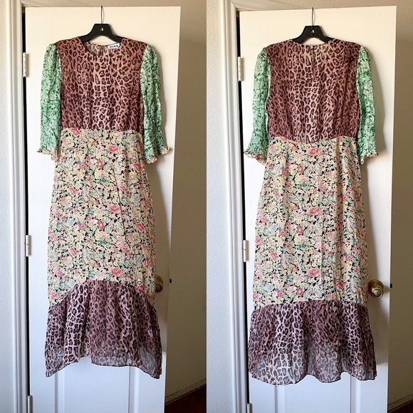 Rixo Dress Saffron Silk Crepe Keyhole Midi Black Green Meadow Leopard S GUC - Picture 2 of 10